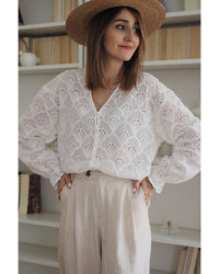 Thumbnail for Azura Exchange Exaggerated Silhouette White Lace Blouse with Hollow Outs - L