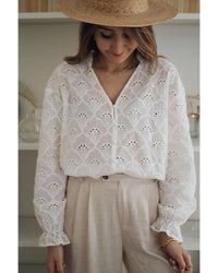 Thumbnail for Azura Exchange Exaggerated Silhouette White Lace Blouse with Hollow Outs - L