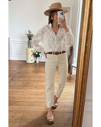 Thumbnail for Azura Exchange Exaggerated Silhouette White Lace Blouse with Hollow Outs - L