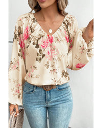 Thumbnail for Azura Exchange Floral Print V-Neck Lantern Sleeve Blouse - L