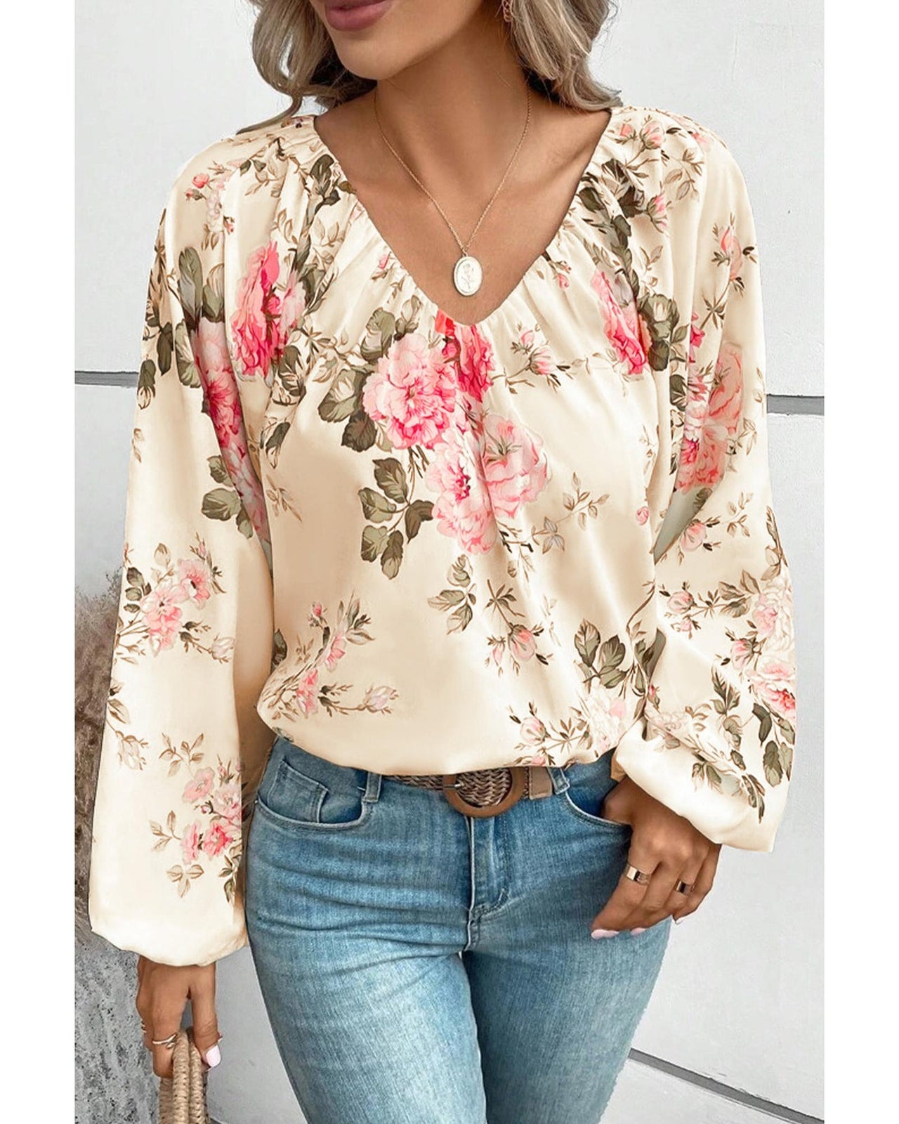 Azura Exchange Floral Print V-Neck Lantern Sleeve Blouse - L