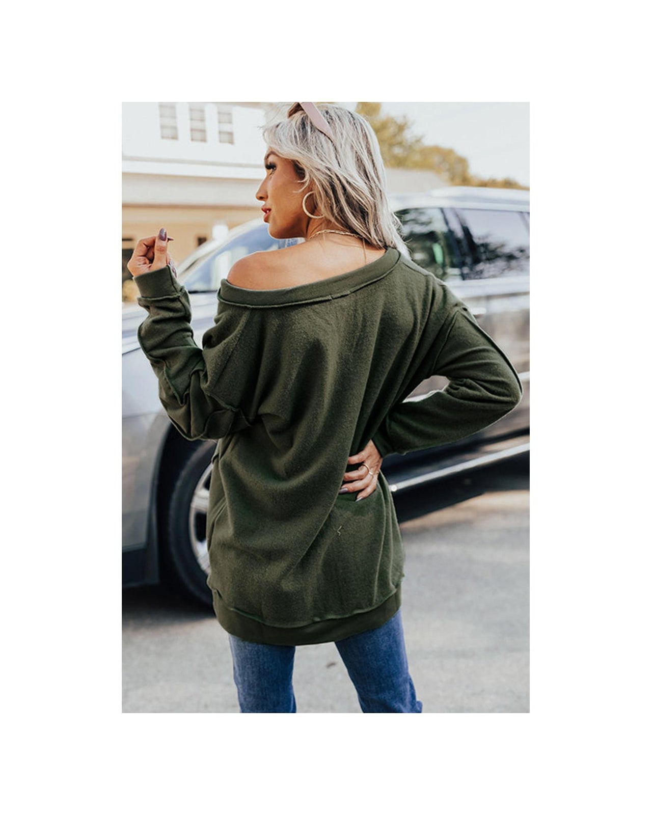 Azura Exchange Exquisite Green Long Sleeve Top with Split Neck and Exposed Seam Detail - L