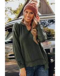 Thumbnail for Azura Exchange Exquisite Green Long Sleeve Top with Split Neck and Exposed Seam Detail - L