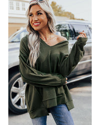 Thumbnail for Azura Exchange Exquisite Green Long Sleeve Top with Split Neck and Exposed Seam Detail - L