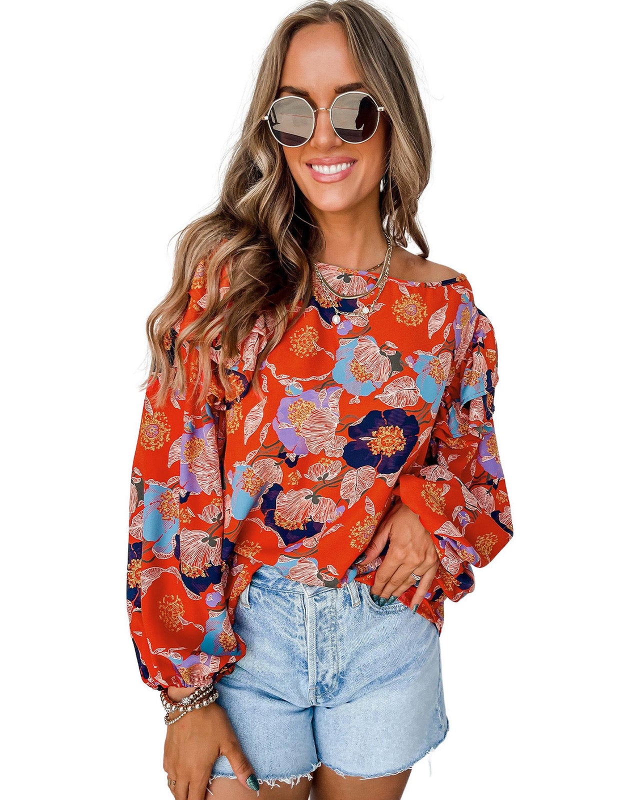 Azura Exchange Floral Print Ruffle Puff Sleeve Blouse - L