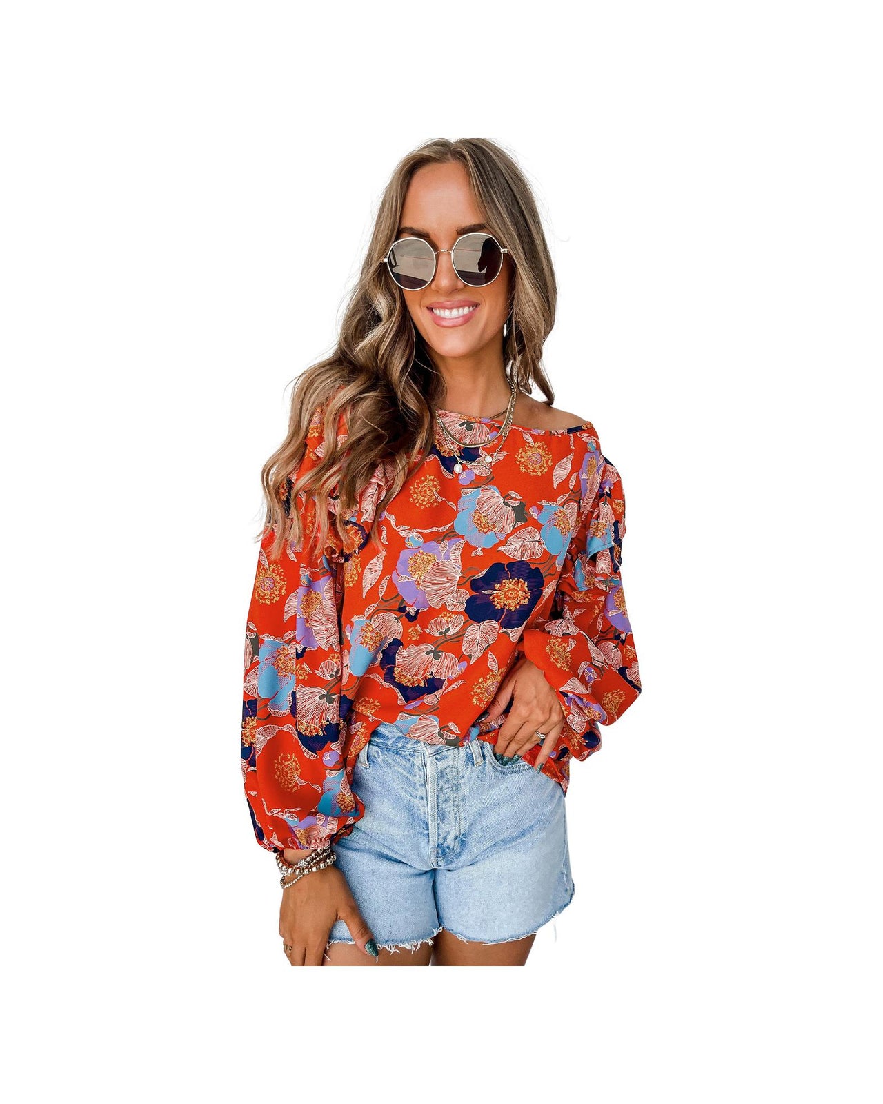 Azura Exchange Floral Print Ruffle Puff Sleeve Blouse - L