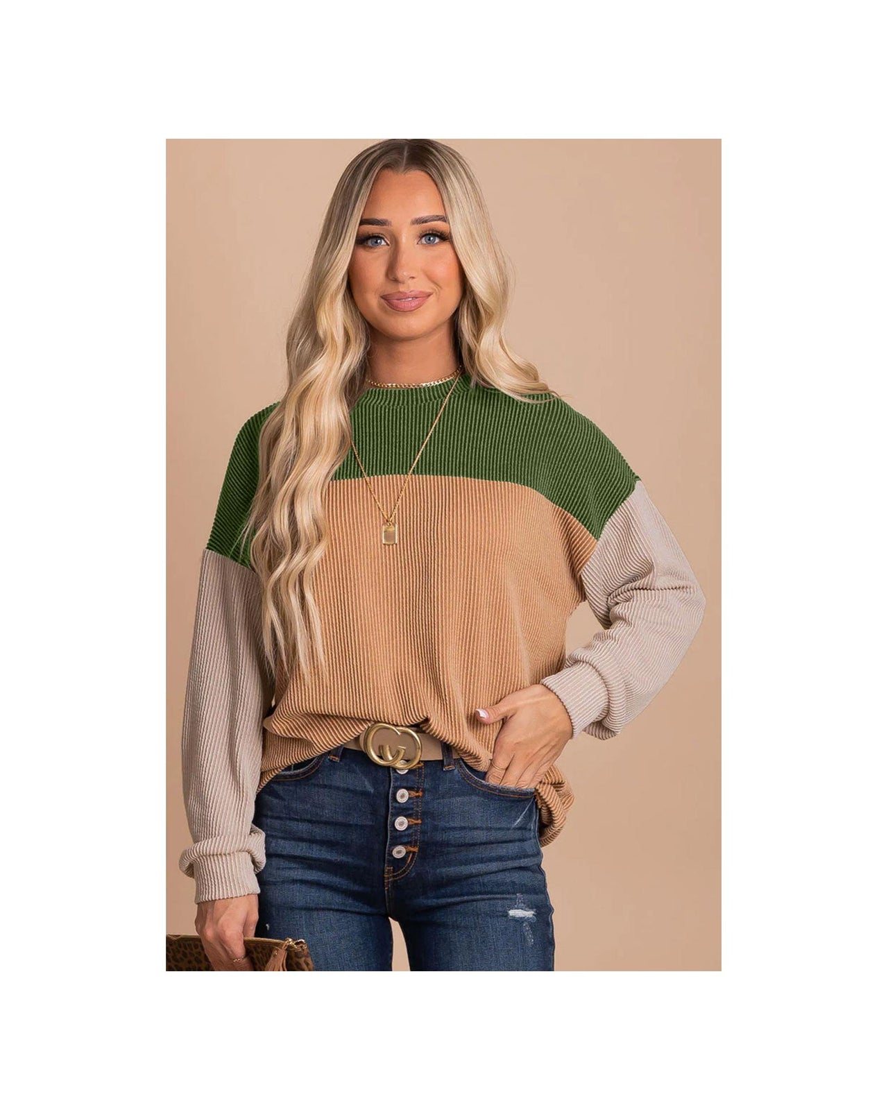 Azura Exchange Color Block Ribbed Long Sleeve Top - 2XL