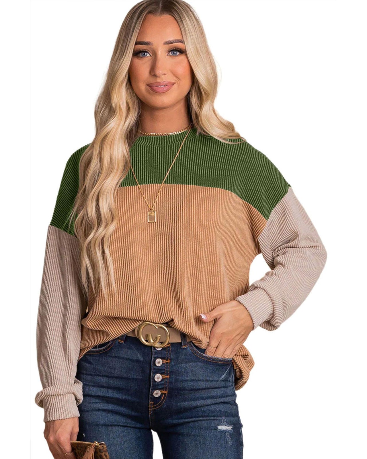 Azura Exchange Color Block Ribbed Long Sleeve Top - 2XL