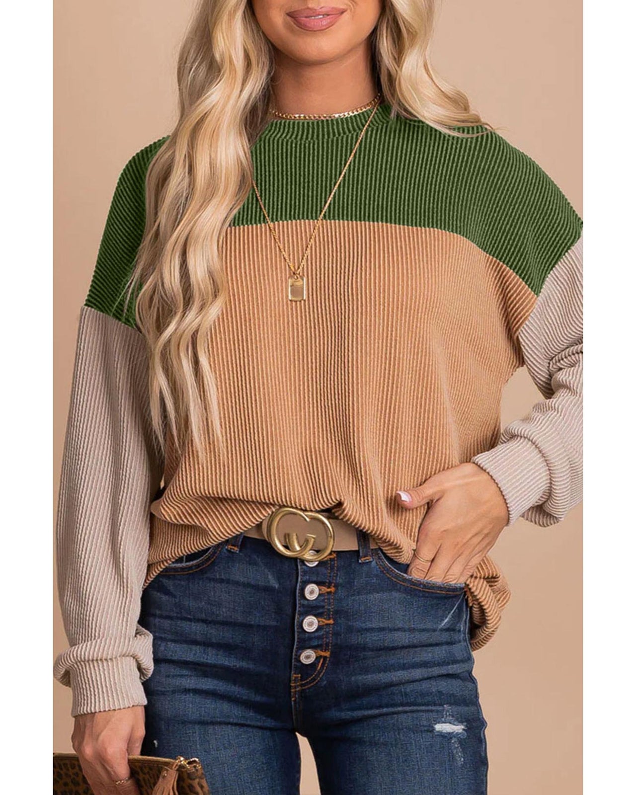 Azura Exchange Color Block Ribbed Long Sleeve Top - 2XL