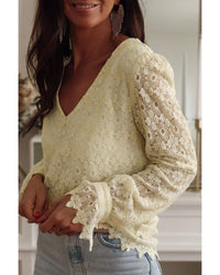 Thumbnail for Azura Exchange Floret Lace V Neck Long Sleeve Blouse - M