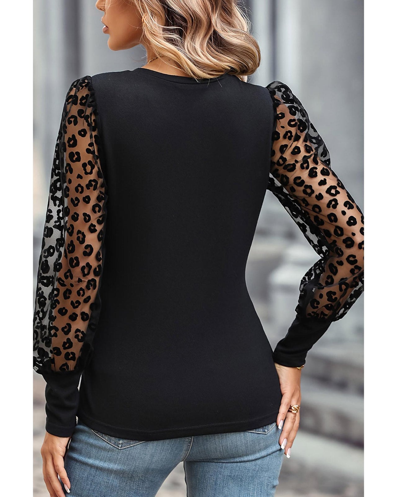 Azura Exchange Leopard Patchwork Mesh Puff Sleeve Top - L