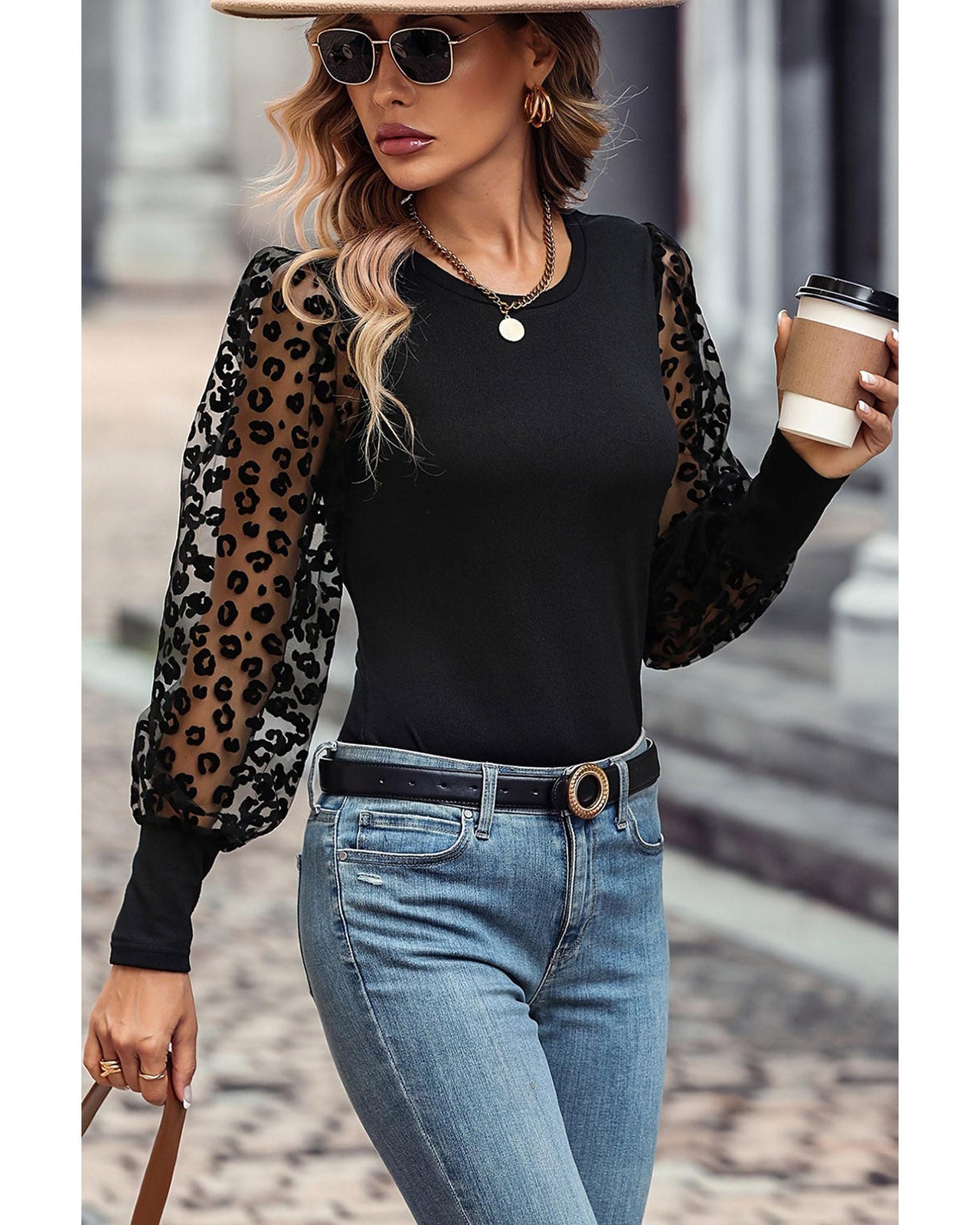 Azura Exchange Leopard Patchwork Mesh Puff Sleeve Top - L