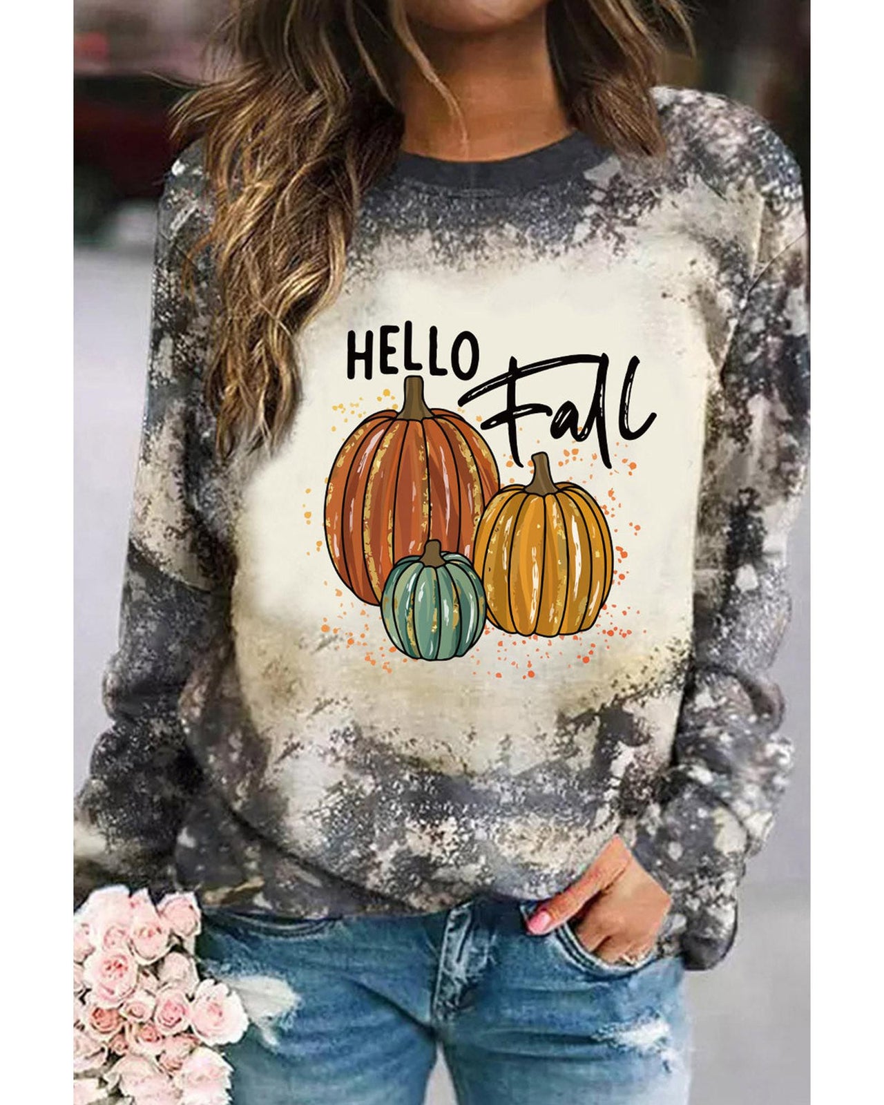 Azura Exchange Hello Fall Pumpkin Graphic Tie Dye Long Sleeve Top - M