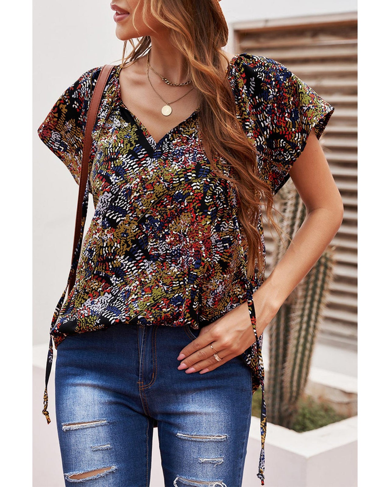 Azura Exchange Printed V-neck Flutter Sleeve Blouse - S