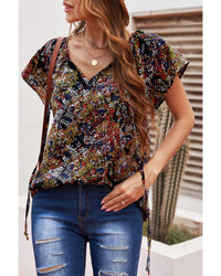 Thumbnail for Azura Exchange Printed V-neck Flutter Sleeve Blouse - S