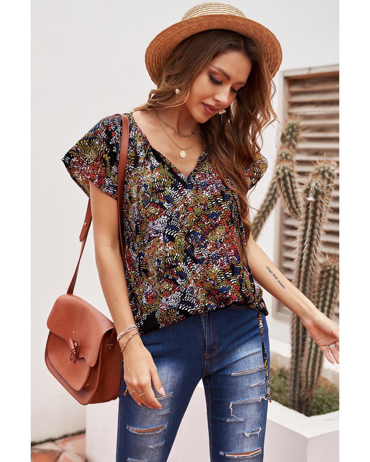 Azura Exchange Printed V-neck Flutter Sleeve Blouse - S