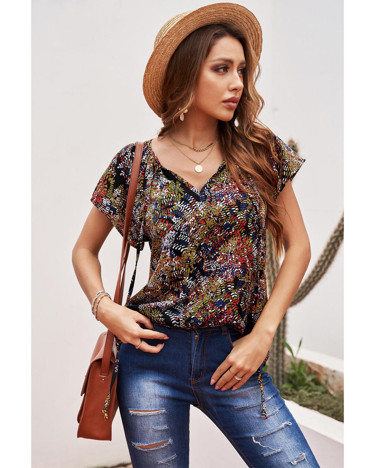 Azura Exchange Printed V-neck Flutter Sleeve Blouse - S