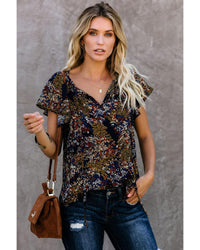 Thumbnail for Azura Exchange Printed V-neck Flutter Sleeve Blouse - S