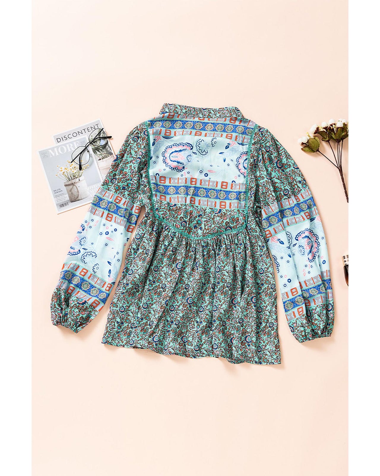 Azura Exchange Bubble Sleeve Floral Patchwork Blouse - M