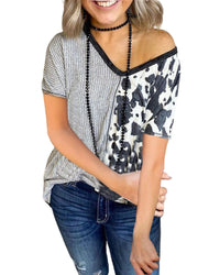 Thumbnail for Azura Exchange Contrast V Neck Tee with Stripes & Cow Print - M