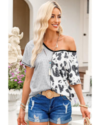 Thumbnail for Azura Exchange Contrast V Neck Tee with Stripes & Cow Print - M