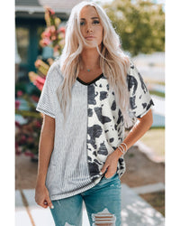 Thumbnail for Azura Exchange Contrast V Neck Tee with Stripes & Cow Print - M