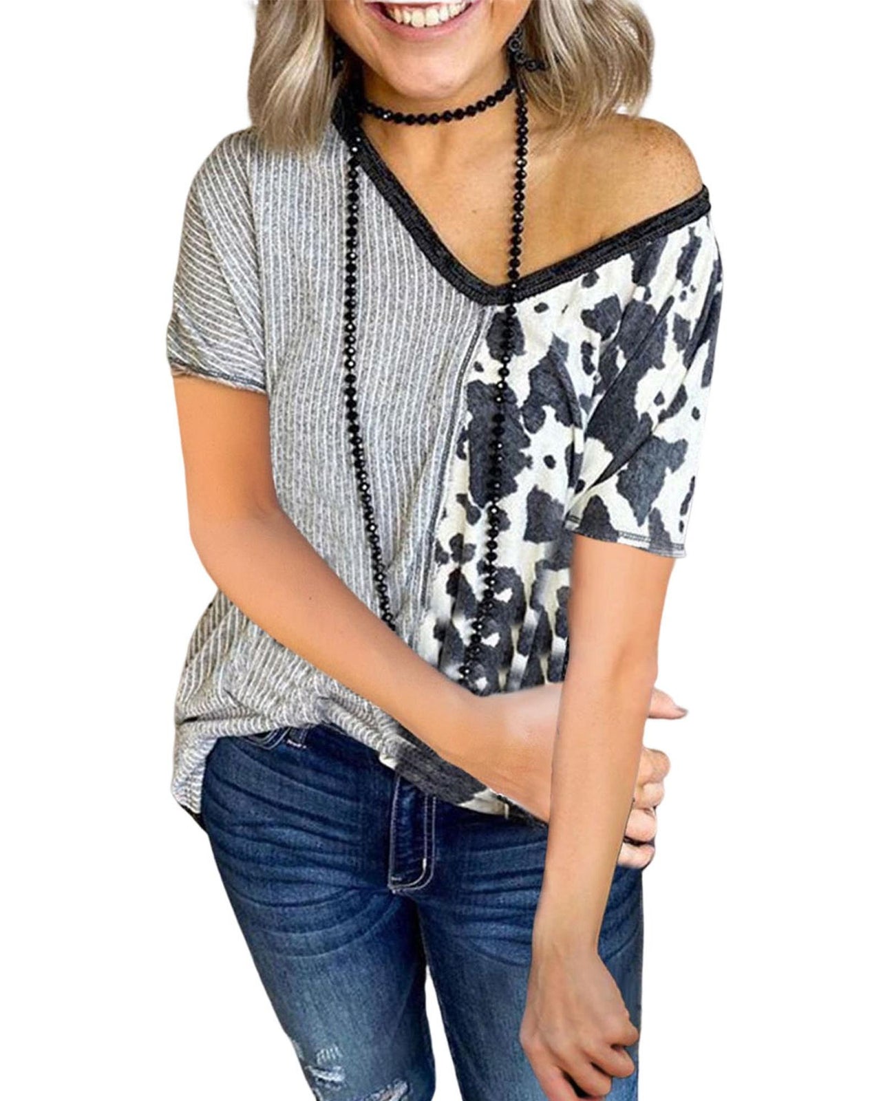 Azura Exchange Contrast V Neck Tee with Stripes & Cow Print - M