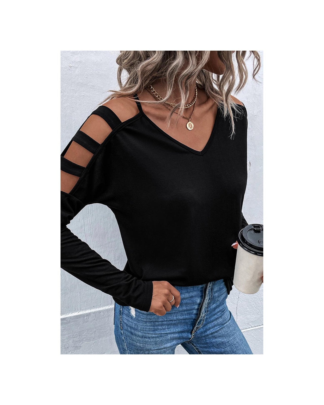 Azura Exchange Cold Shoulder Cut Out Long Sleeve Top - S