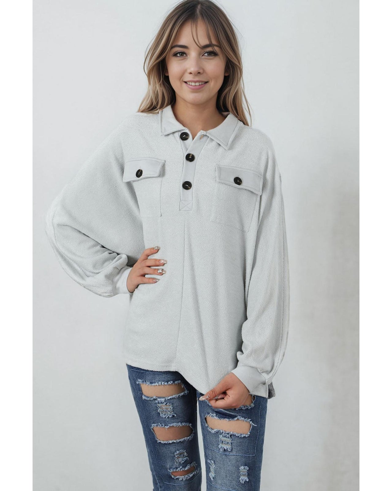 Azura Exchange Oversized Button Collared Sweatshirt - L