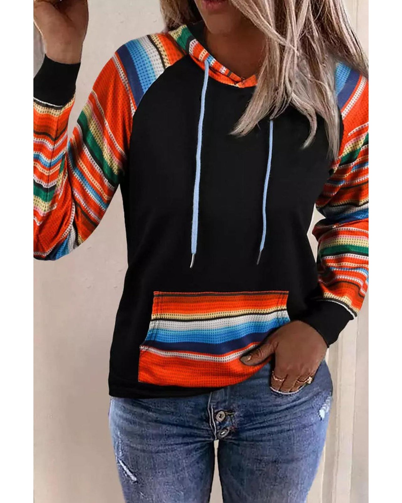 Azura Exchange Striped Patchwork Kangaroo Pocket Hoodie - M