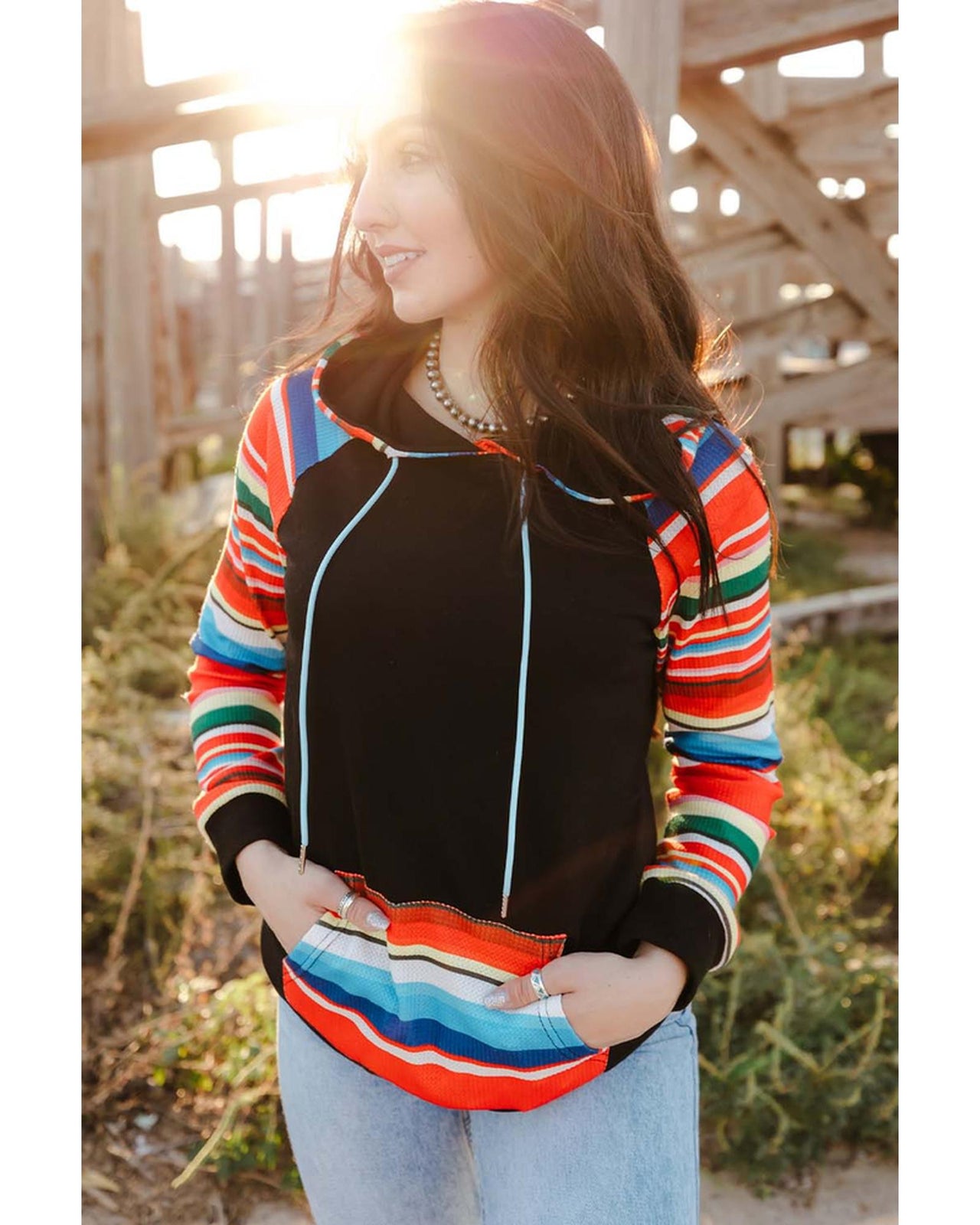 Azura Exchange Striped Patchwork Kangaroo Pocket Hoodie - M