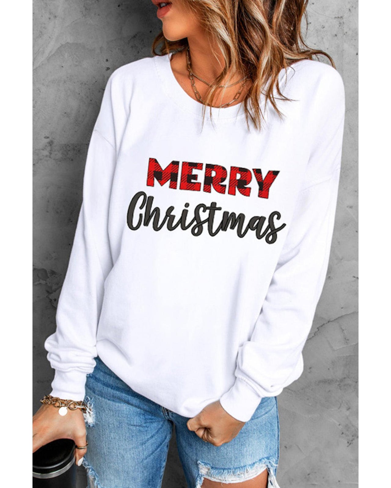 Azura Exchange MERRY Christmas Plaid Print Pullover Sweatshirt - L