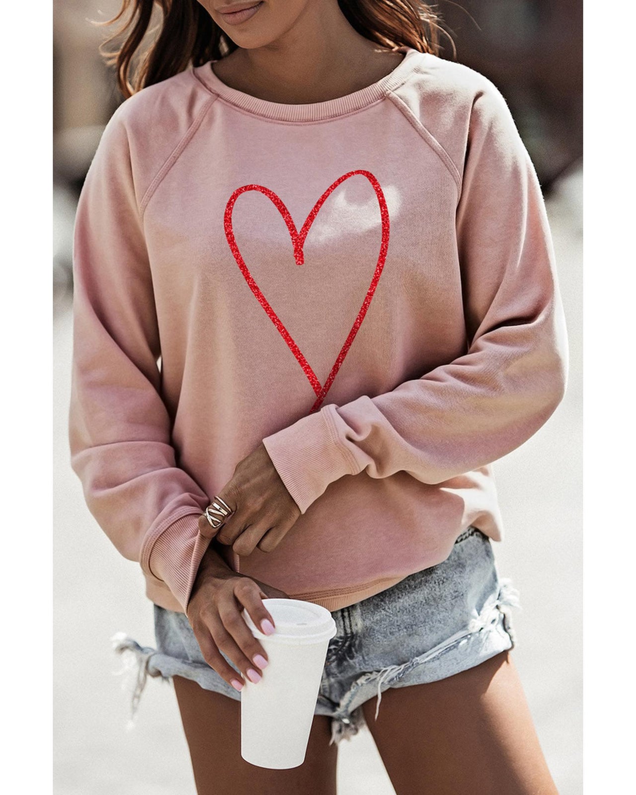 Azura Exchange Glitter Heart Raglan Pullover Sweatshirt - L