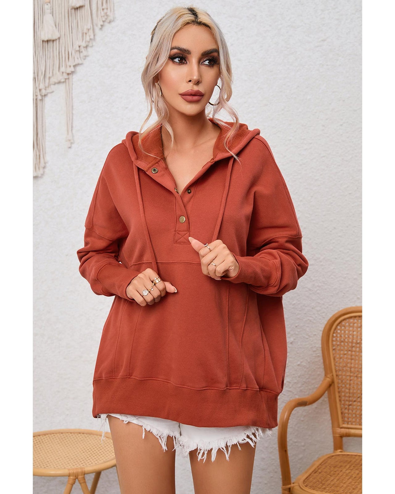 Azura Exchange Oversized Snap Button Hoodie with Thumb Hole in Orange - L