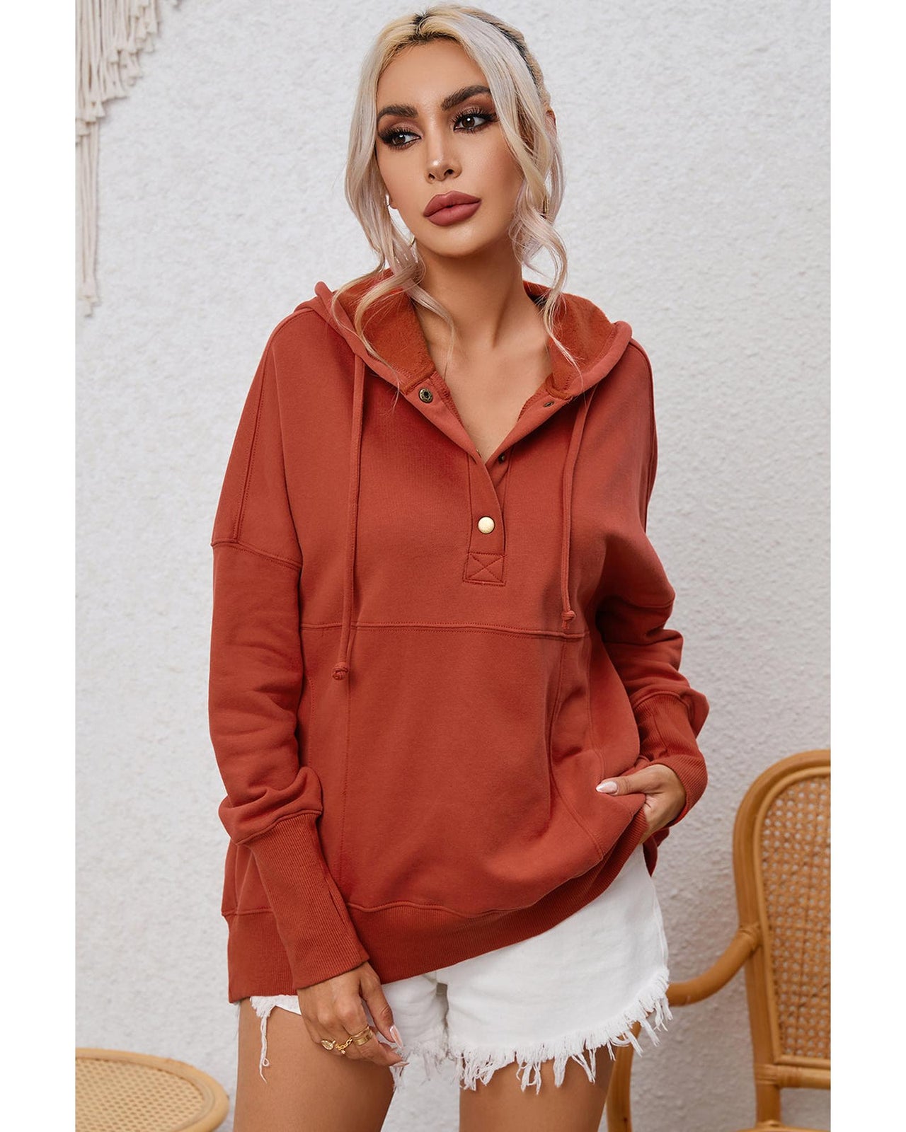 Azura Exchange Oversized Snap Button Hoodie with Thumb Hole in Orange - L