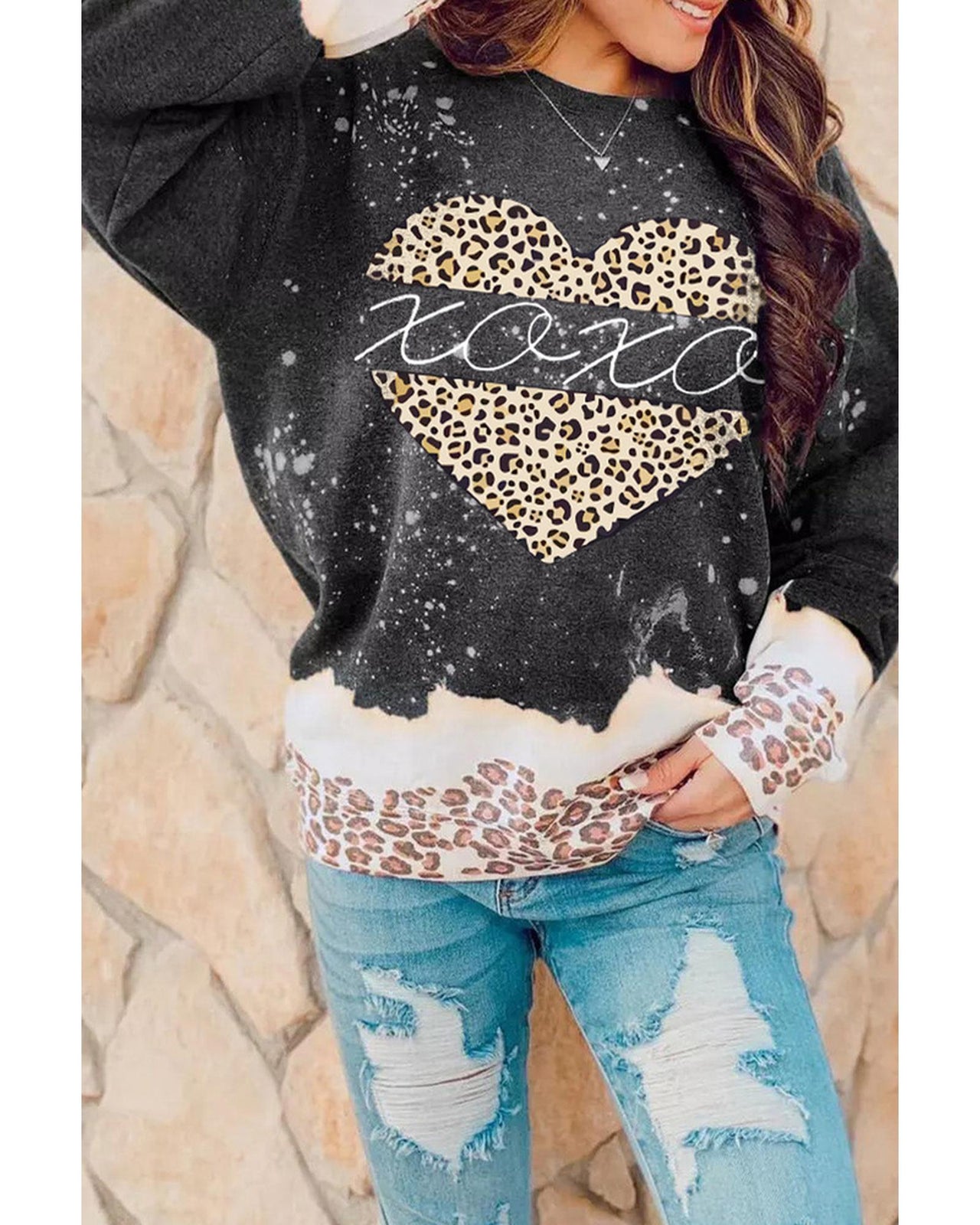 Azura Exchange Heart Leopard Splicing Pullover Sweatshirt - L