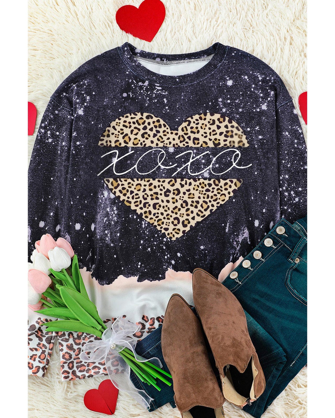 Azura Exchange Heart Leopard Splicing Pullover Sweatshirt - L