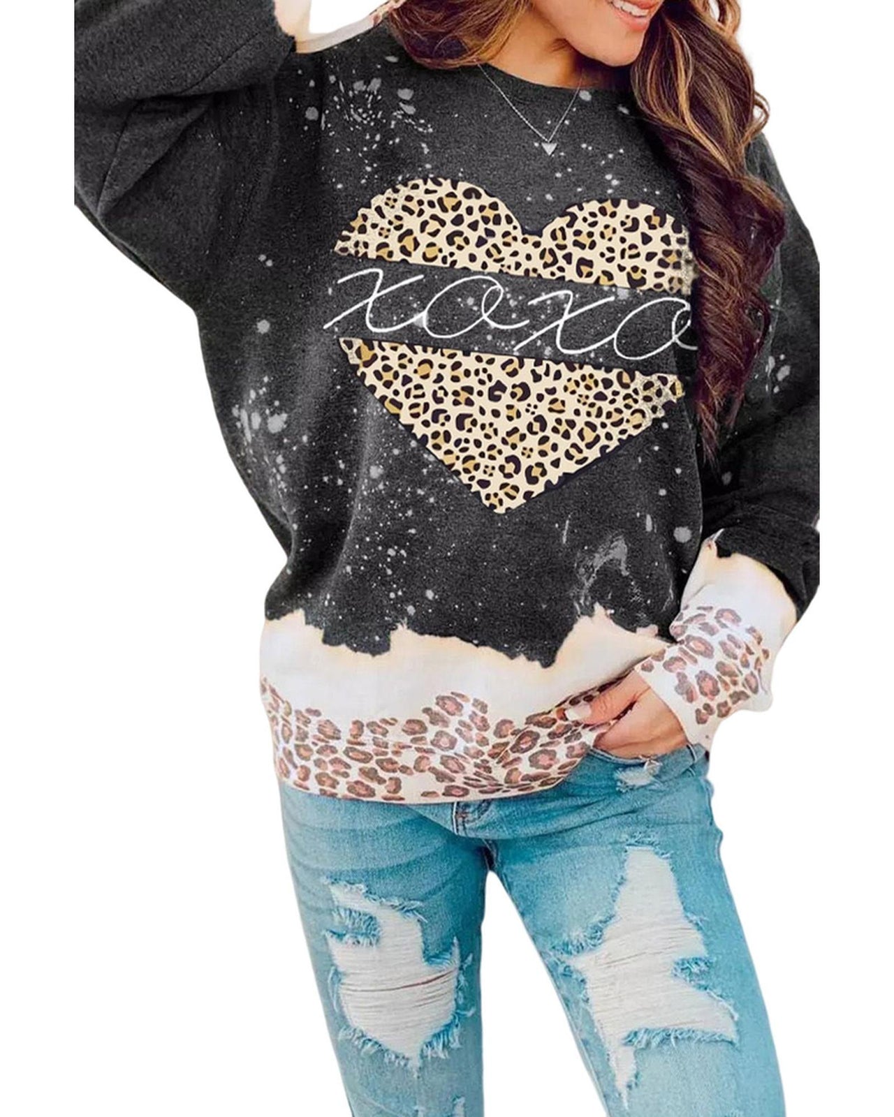 Azura Exchange Heart Leopard Splicing Pullover Sweatshirt - L