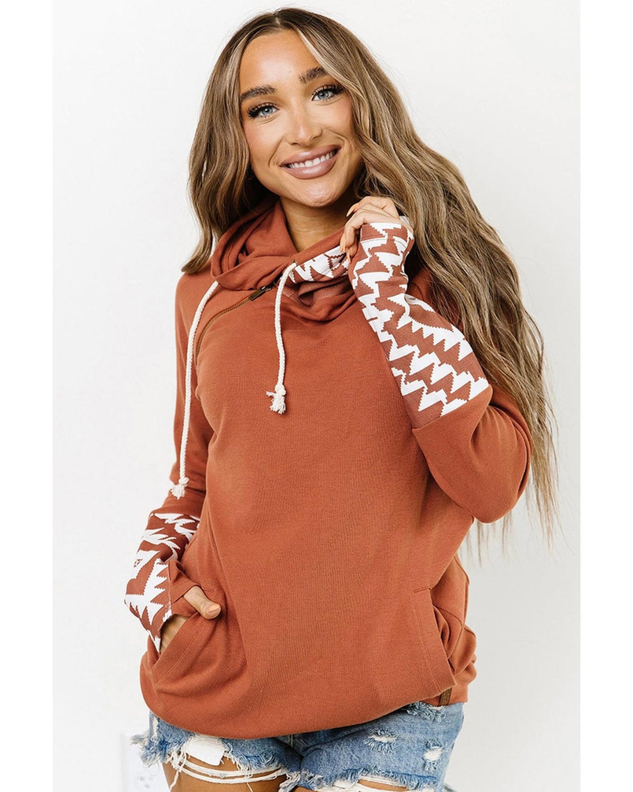 Azura Exchange Patchwork Aztec Print Hoodie with Thumb Holes - L