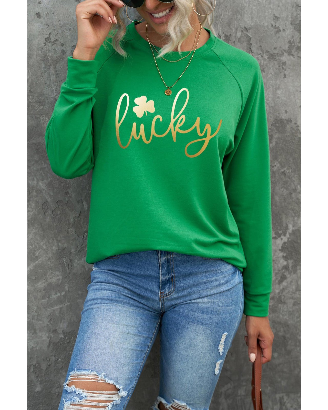 Azura Exchange Lucky Glitter Graphic Raglan Sleeve Sweatshirt - L