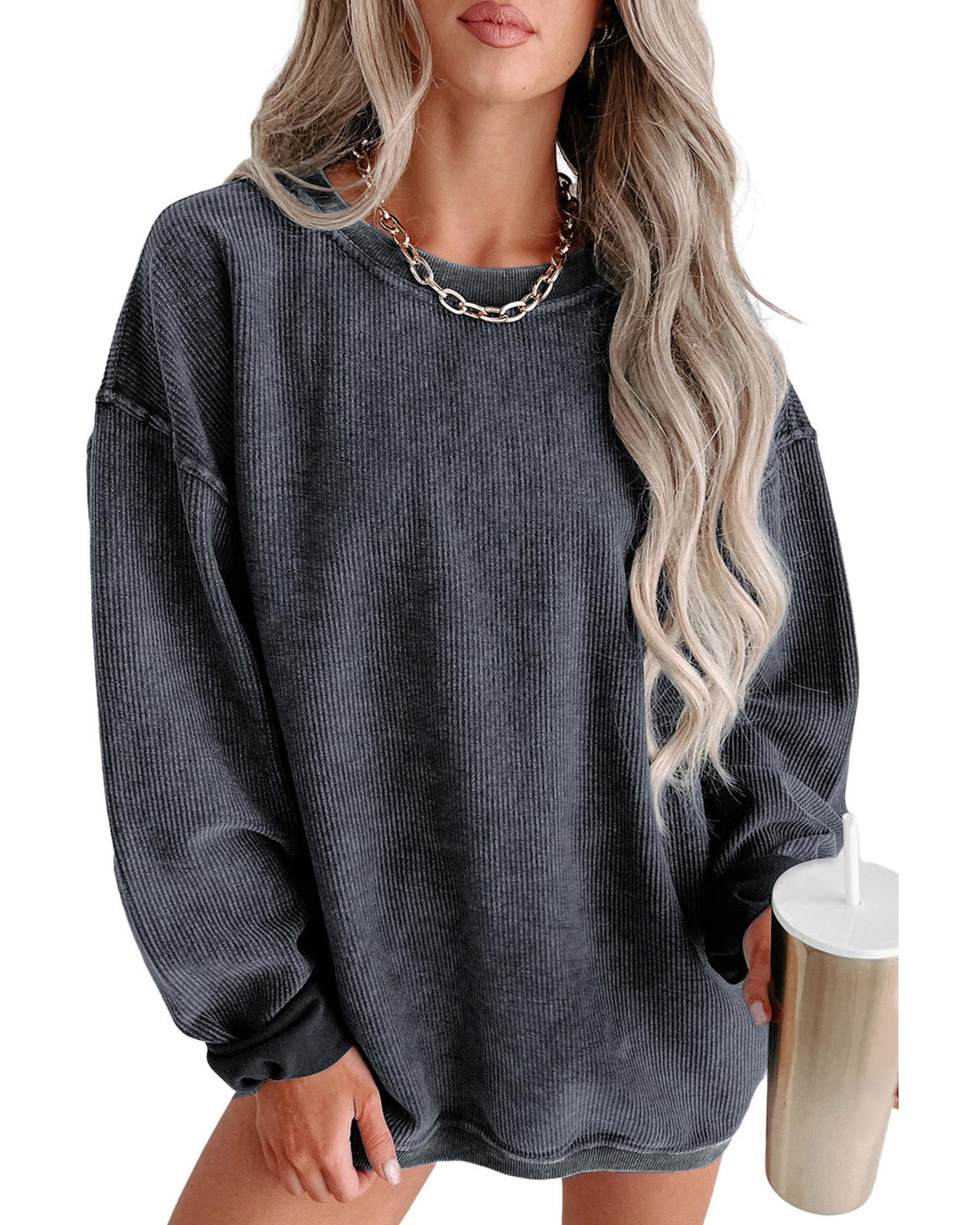 Azura Exchange Gray Ribbed Knit Round Neck Pullover Sweatshirt - 2XL