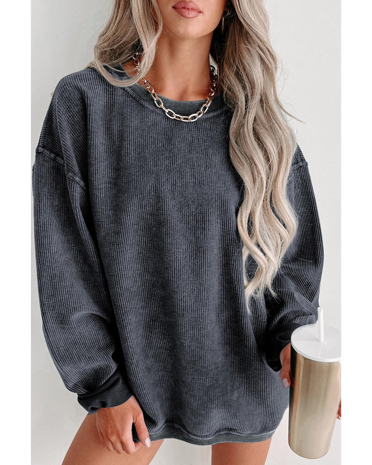 Azura Exchange Gray Ribbed Knit Round Neck Pullover Sweatshirt - L