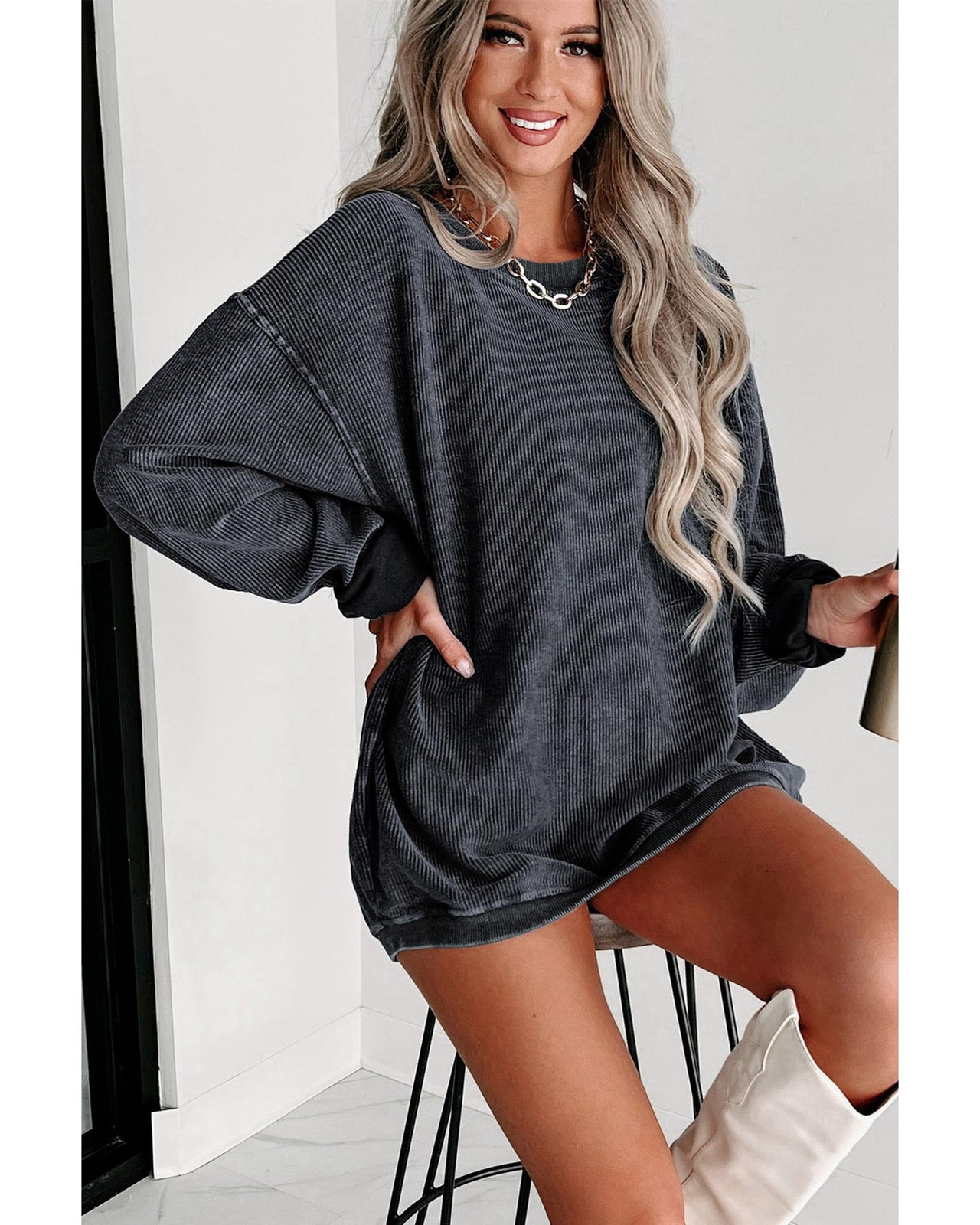 Azura Exchange Gray Ribbed Knit Round Neck Pullover Sweatshirt - XL