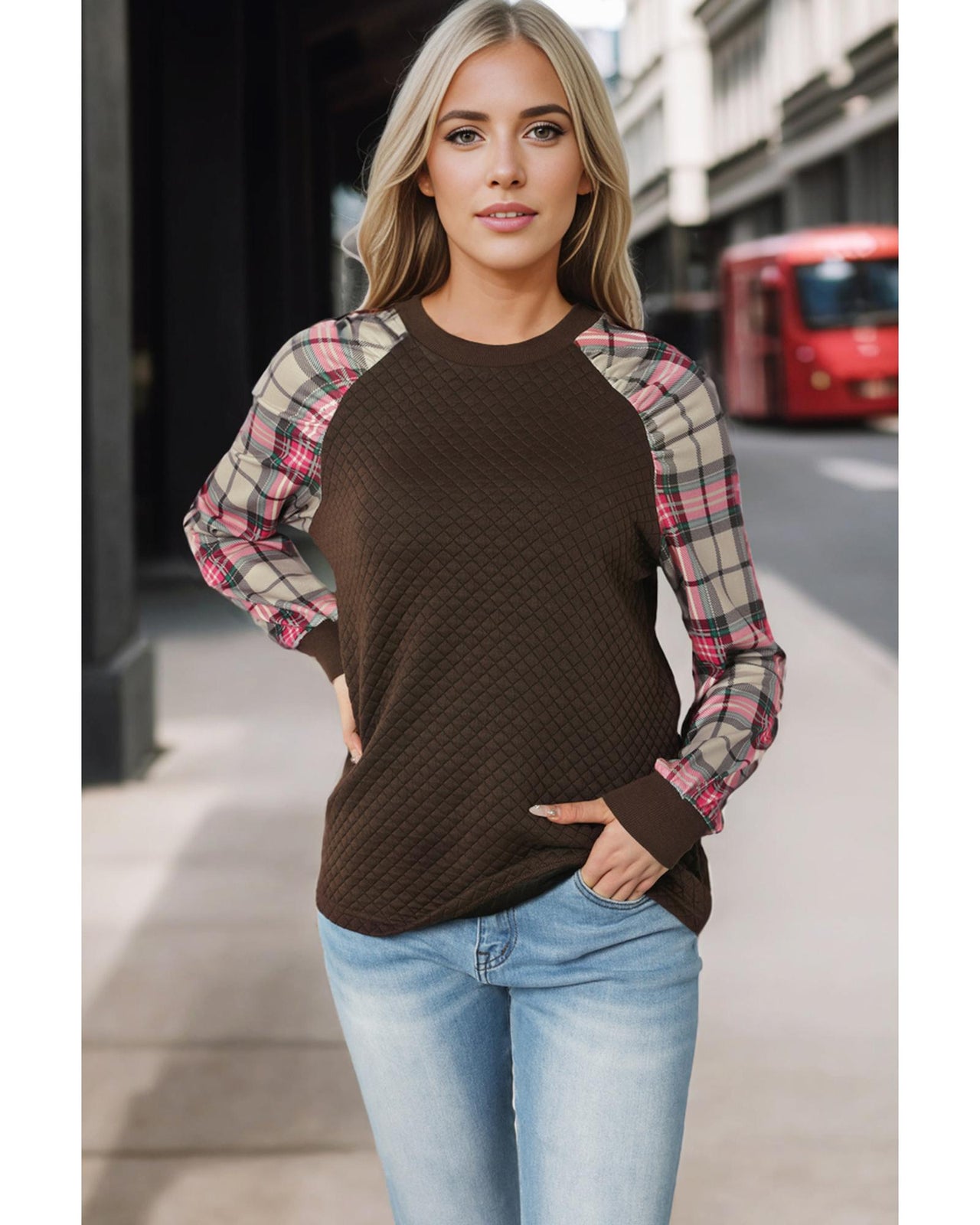 Azura Exchange Plaid Raglan Sleeve Sweatshirt - S