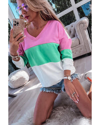 Thumbnail for Azura Exchange Color Block Ribbed V-Neck Sweatshirt - M