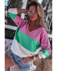 Thumbnail for Azura Exchange Color Block Ribbed V-Neck Sweatshirt - M