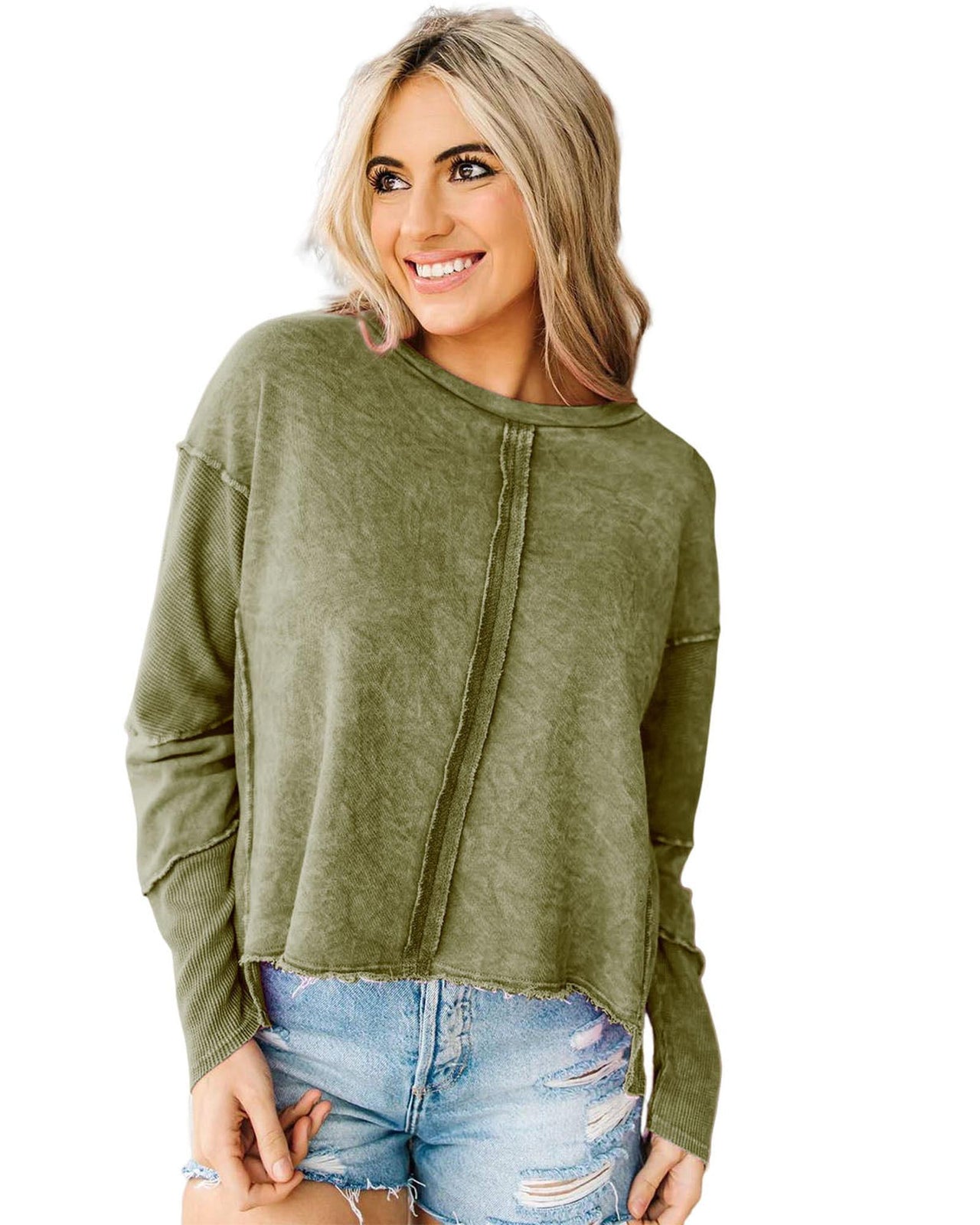 Azura Exchange Green High Low Raw Edge Sweatshirt - 2XL