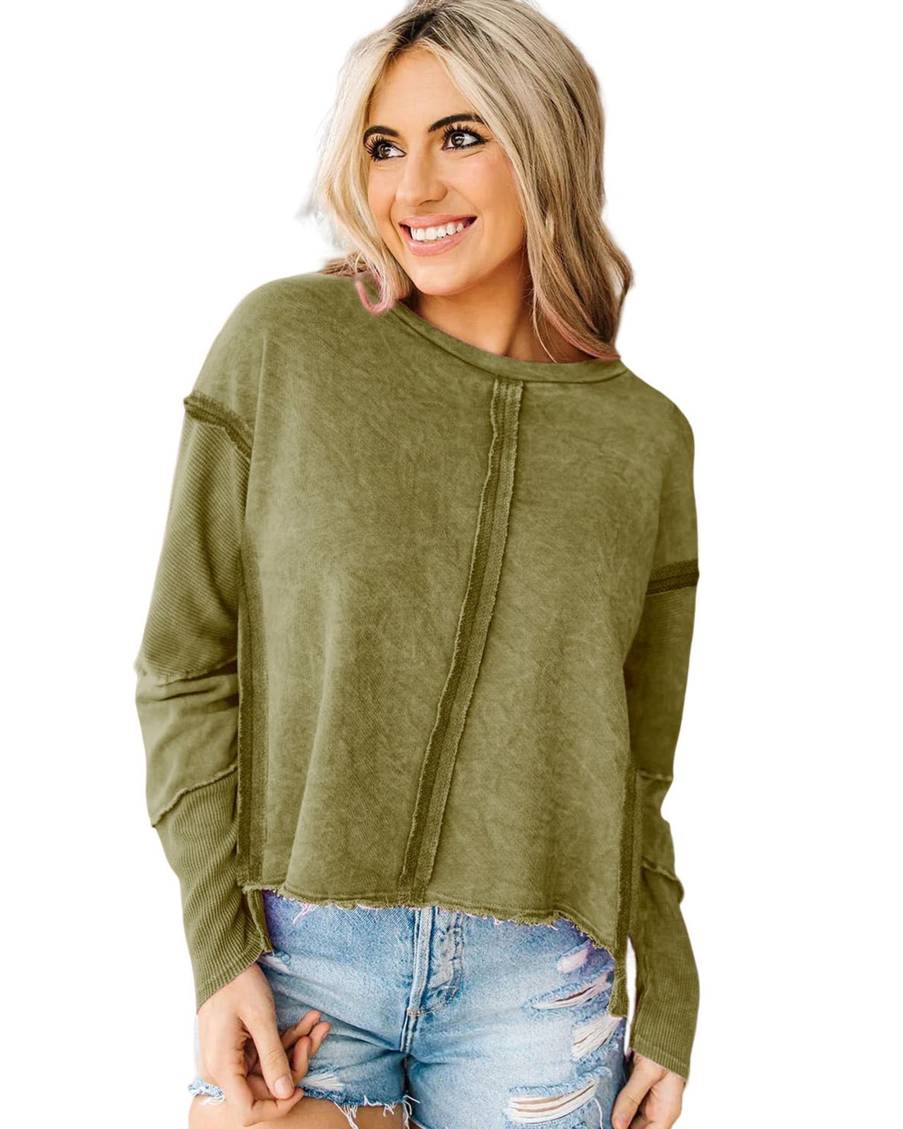 Azura Exchange Green High Low Raw Edge Sweatshirt - 2XL