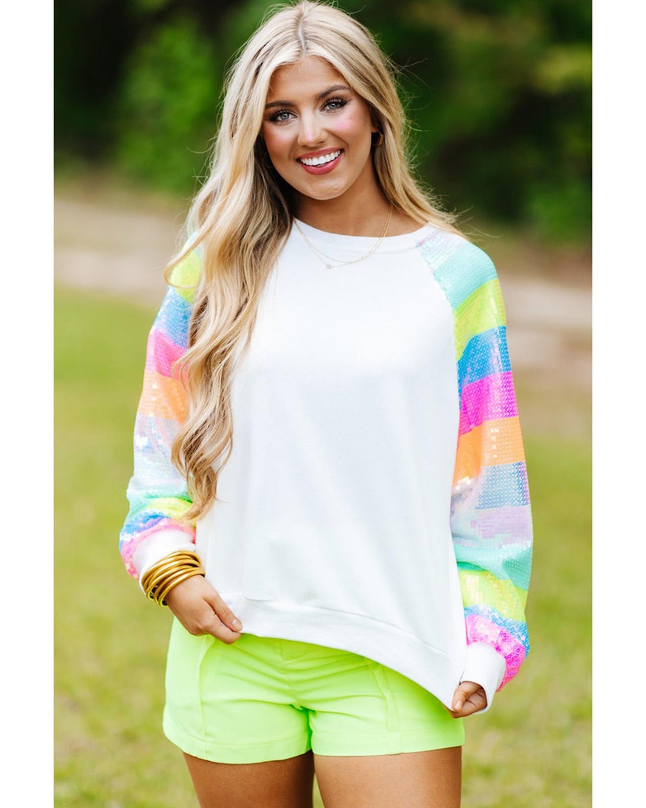 Azura Exchange Color Block Sequin Raglan Sleeve Sweatshirt - L