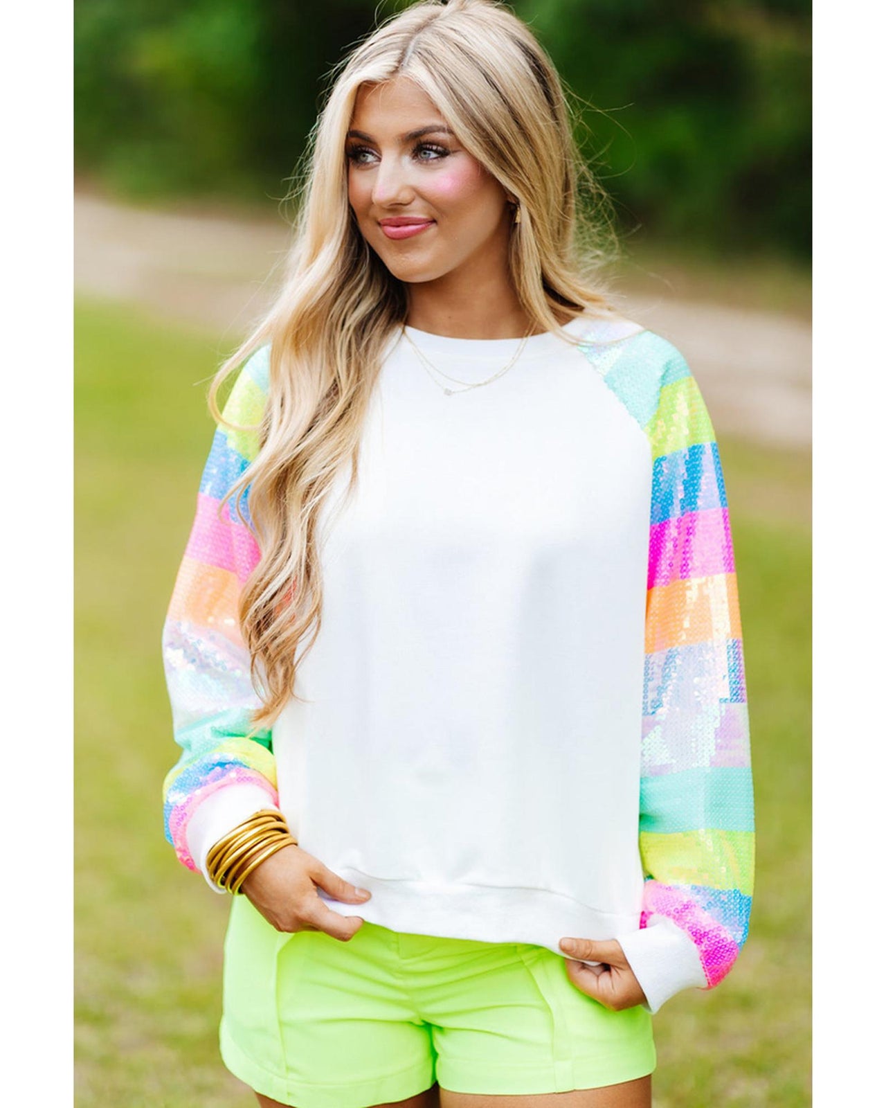 Azura Exchange Color Block Sequin Raglan Sleeve Sweatshirt - L